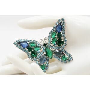Vintage Blue Green Rhinestone Butterfly Brooch Rhodium